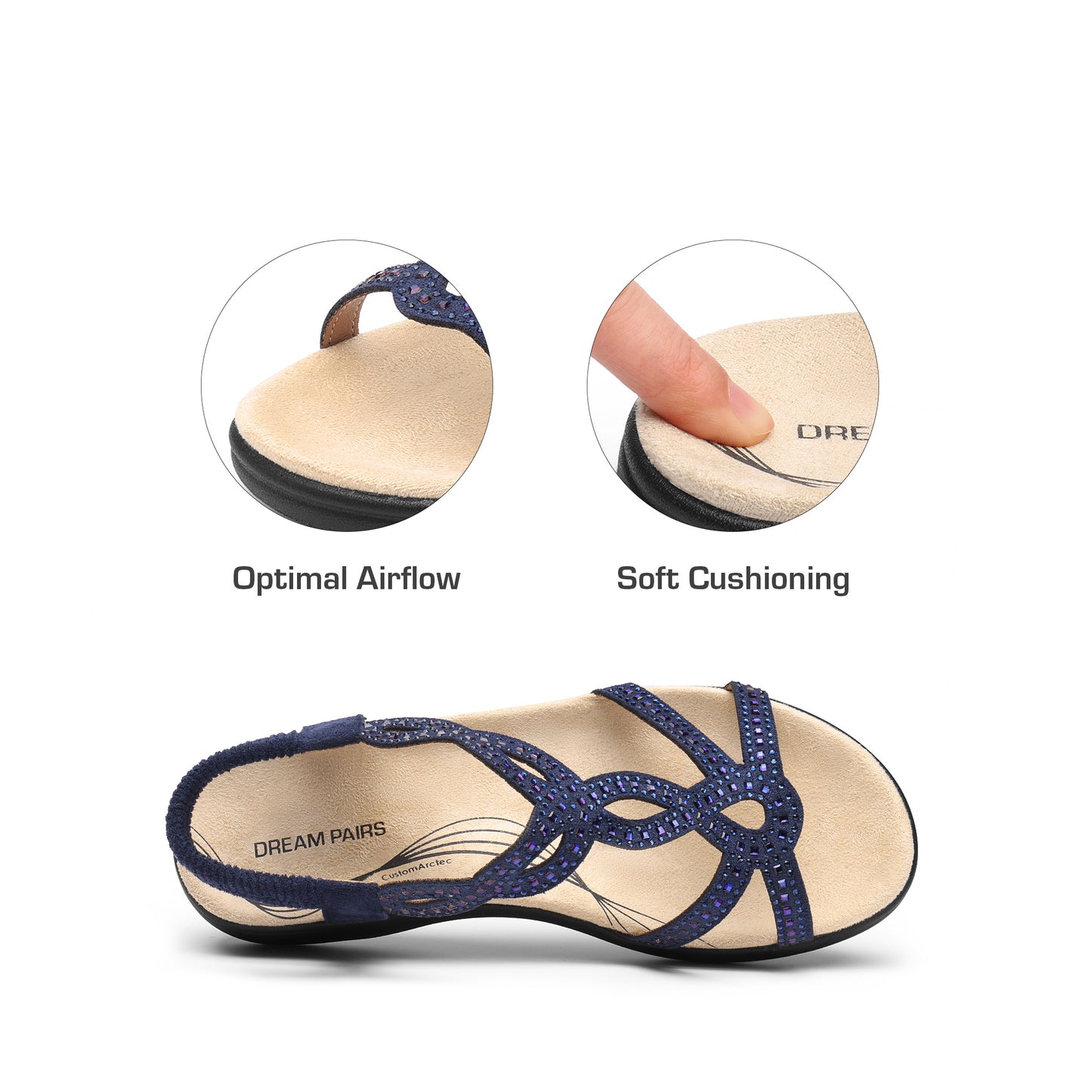 Women's Comfort Dressy Rhinestone Summer Beach Sandals Slip-on Flat Walking Orthopedic Sandals with Elastic Back Strap Soft & Cushioned Day-to-night wear Sandals