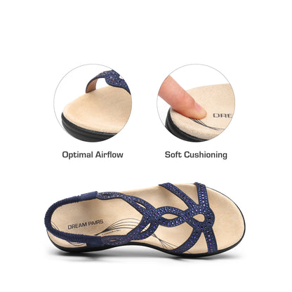 Women's Comfort Dressy Rhinestone Summer Beach Sandals Slip-on Flat Walking Orthopedic Sandals with Elastic Back Strap Soft & Cushioned Day-to-night wear Sandals