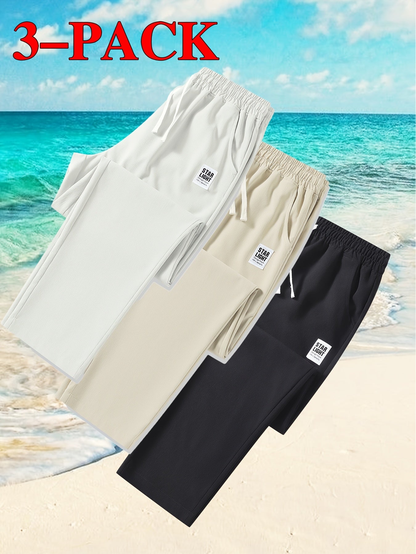 Men's 3pcs Casual Pants Lightweight Breathable Drawstring Waist Trousers for Beach, Vacation & Summer Daily Wear