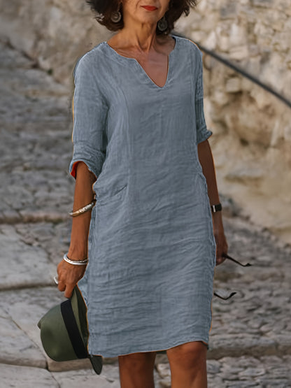 [Stylish Linen Dress] Autumn Linen Dress With A Small V-Neck, Featuring A Stylish And Elegant Look. It Has A Retro, Simple And Solid Color Design, And Comes With Three-Quarter Sleeves