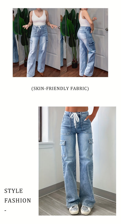 Women's Casual Fashion Denim Fabric Sweatpants Jeans - 2025 New Style Straight-leg with Laces and Multiple Pockets, Fit Womenswear