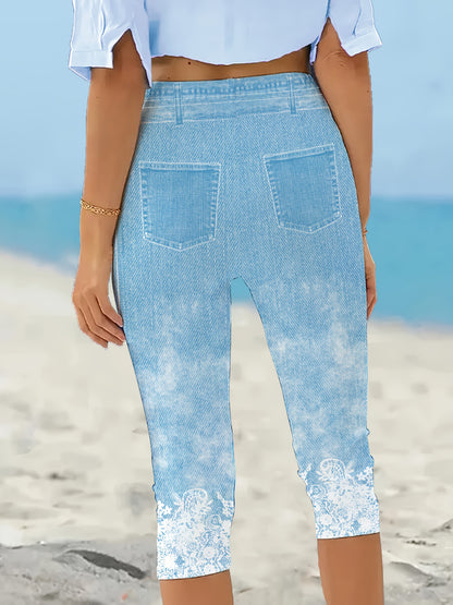 2pcs Women's Elegant Floral Print Skinny-Fit Capri Leggings - Polyester Machine-Washable All-Season Pants for Casual & Formal Wear, Versatile Bottoms, Trendy Bottoms, Comfortable Fit, Fitted Bottoms, Stylish Ladies