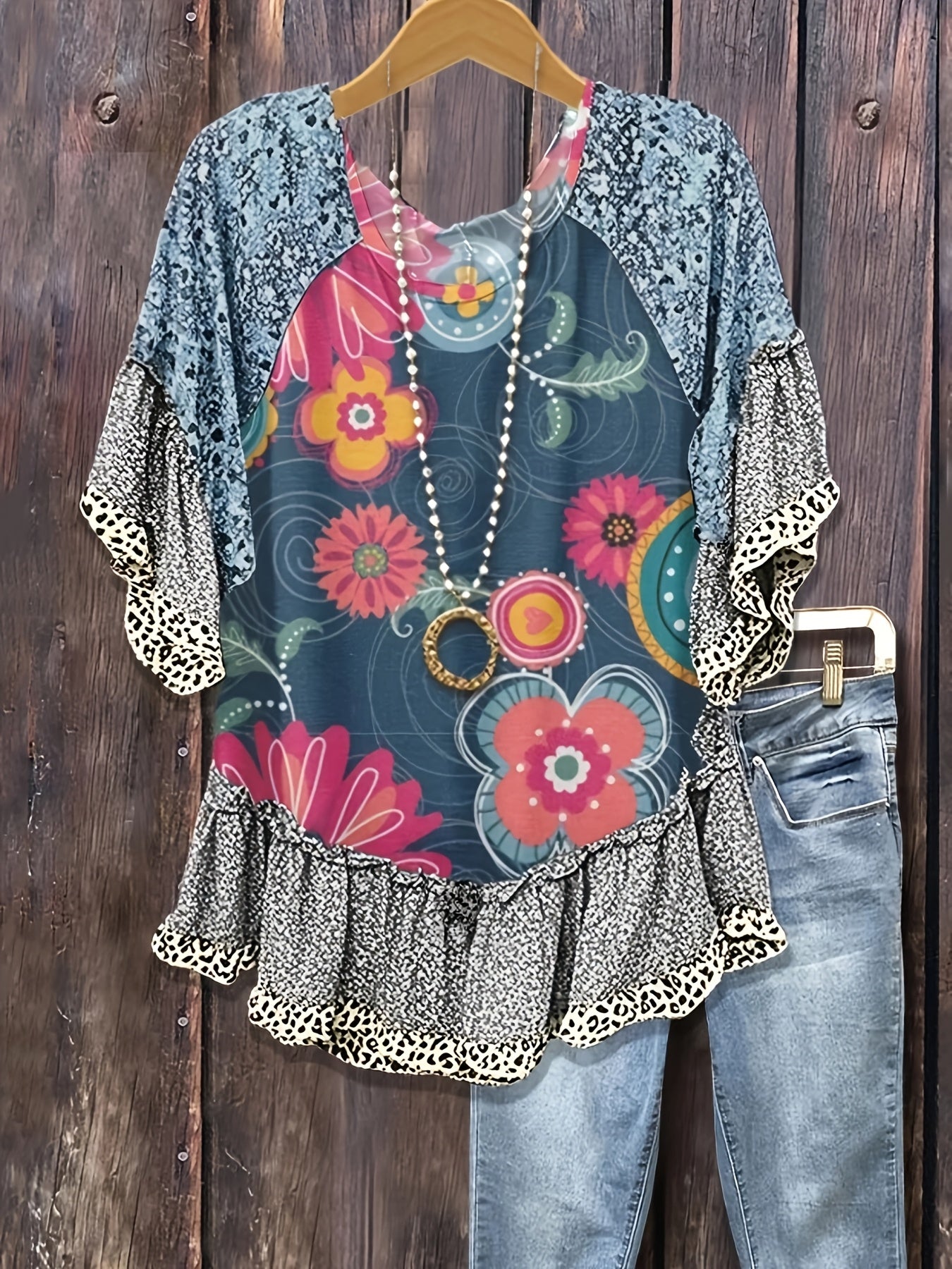Mixed Floral Print Loose Top, Leopard Print Patchwork, Flared Three-quarter Sleeves, Women's Clothing
