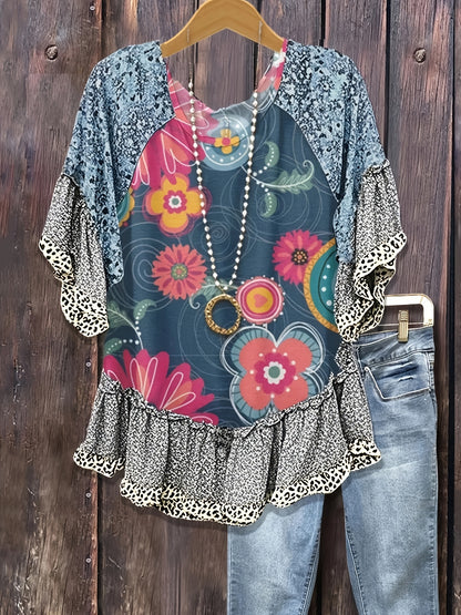 Mixed Floral Print Loose Top, Leopard Print Patchwork, Flared Three-quarter Sleeves, Women's Clothing
