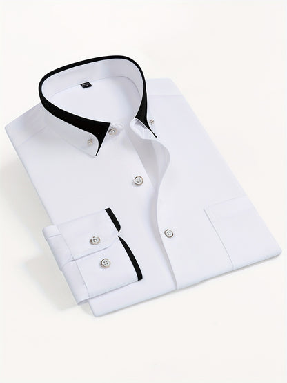 Color Block Fold-Up Collar Crystal Buckle Formal Shirt Men'S Long Sleeve Contrast Color Stretch Iron-Free Business Casual Top with Loan Fashion Cardigan Shirt