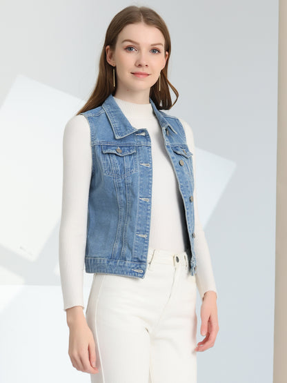 Women's Buttoned Washed Denim Vest Jacket W Chest Flap Pockets