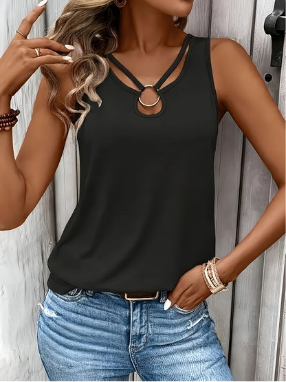 Women's Sexy Ring Detail Tank Top, 100% Polyester Fabric, Crew Neck Sleeveless Solid Color Tee for All Seasons, Allseason Apparel|Stylish Crisscross Top|Glossy Texture