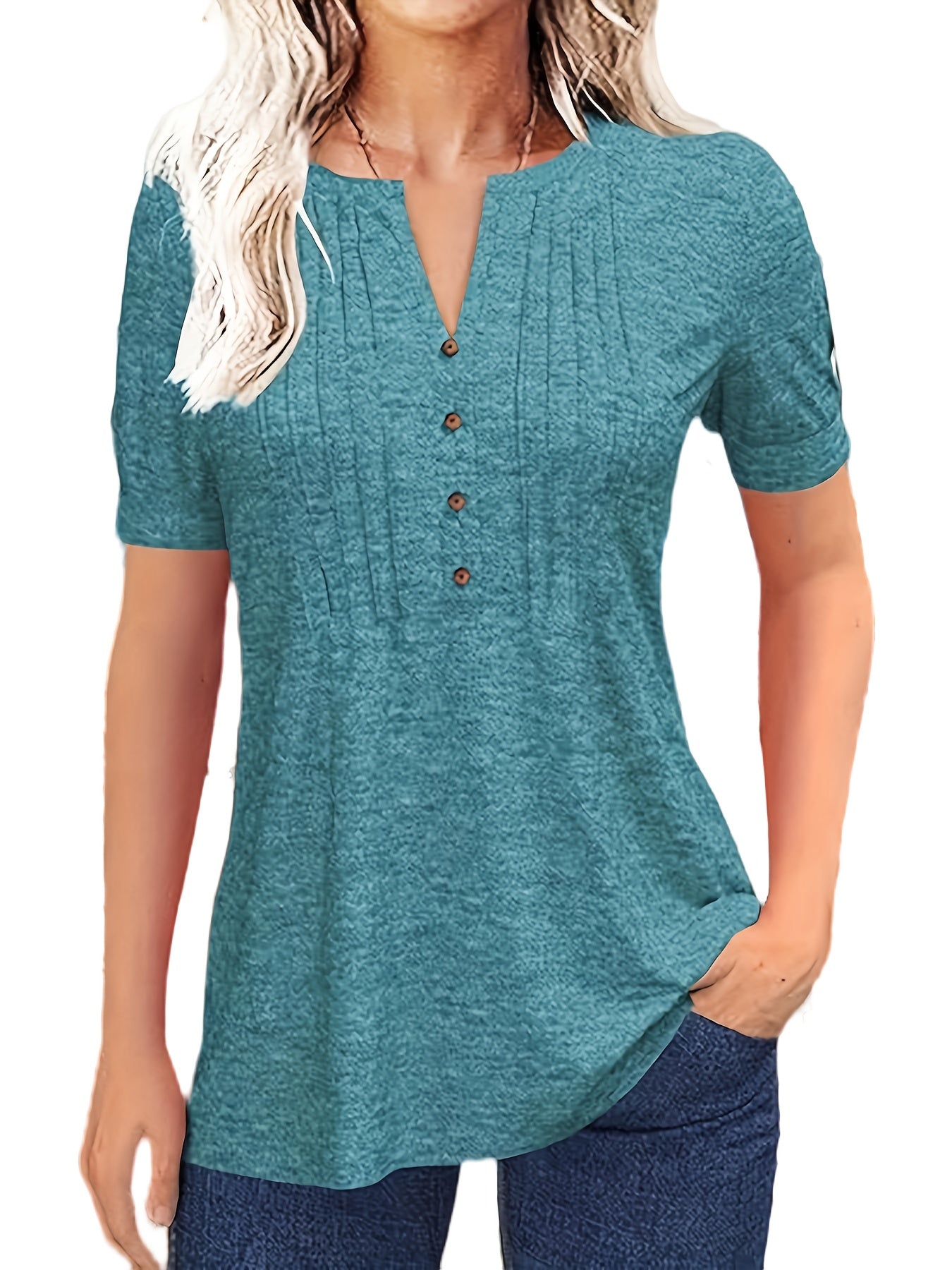 Casual Short-Sleeve T-Shirt for Women, Featuring a Pleated Design And V-Neck in Solid Colors, Perfect for Summer