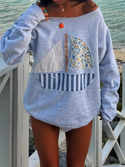 Women'S 3D Oversized Pattern Patch Off-Shoulder Long-Sleeved Sweatshirt, Sailboat Pattern, One-Shoulder/ Off Shoulder Pullover, Spring And Summer New Style, Women'S Clothing Blouse Tops