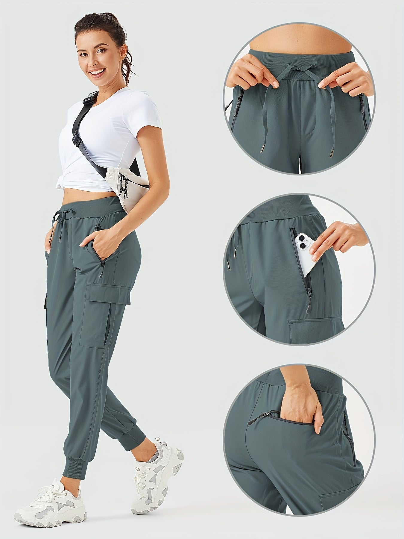 Women'S Cargo Joggers Hiking Pants Lightweight Camping Quick Dry 50+ Zippered Pockets