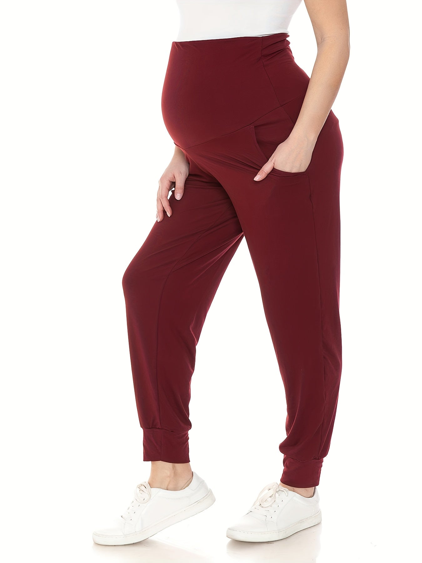 2pcs Women's Maternity High-Waisted Stretchy Pants - 95% Rayon 5% Spandex Tummy Control Elastic Waistband, 7/8 Length with Pockets for Running, Lounge & Postpartum - All-Season Comfort (Black & Grey), Maternity Pants, Pregnancy Clothing, Solid Color Pants
