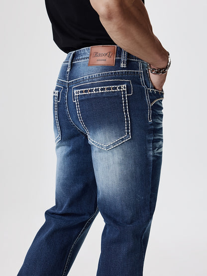 ESDVQ Men's Slim-Fit Classic Washed Denim Bell-Bottom Jeans - Mid-Stretch Machine-Washable Flared Pants with Suitable for All-Season Wear, Comfortable Stretchable Bell-Bottoms for Casual & Dressy Outfits