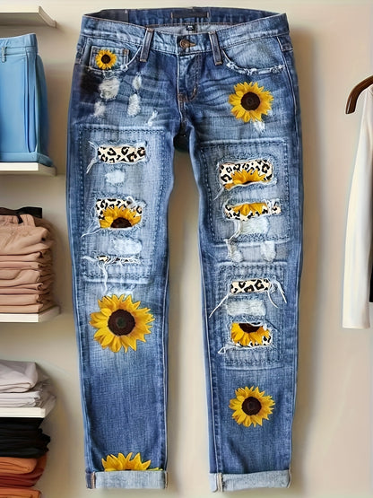 1pc Women'S Slim Fit Floral Print Denim Jeans - Stretchy, Elegant Style with Vibrant Flower Design, Perfect for Spring & Fall, Jeans for Women