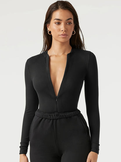 Zip Up V Neck Bodysuit, Sexy Long Sleeve Versatile Sportswear Bodysuit, Women's Clothing