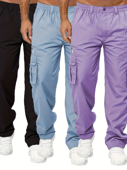 3pcs Men'S Casual Solid Color Cargo Pants, Polyester Non-Stretch Woven Fabric, Multiple Pockets, Regular Fit, Spring/Fall Season, Hiking & Outdoor Scene, Weekend Casual Occasion, Thick