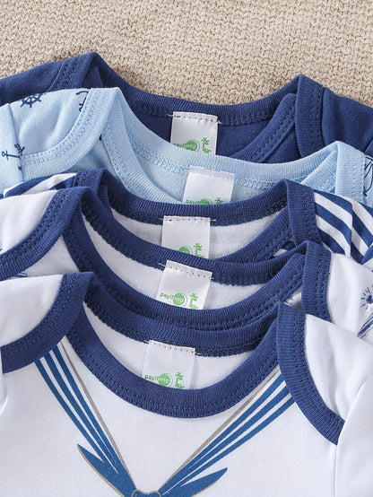 5pcs Set of Baby Boys' Short Sleeved Cartoon Triangle Jumpsuit, Ha Yi, Baby Boys' Ocean Boat Anchor Casual Crawling Suit, for Outdoor