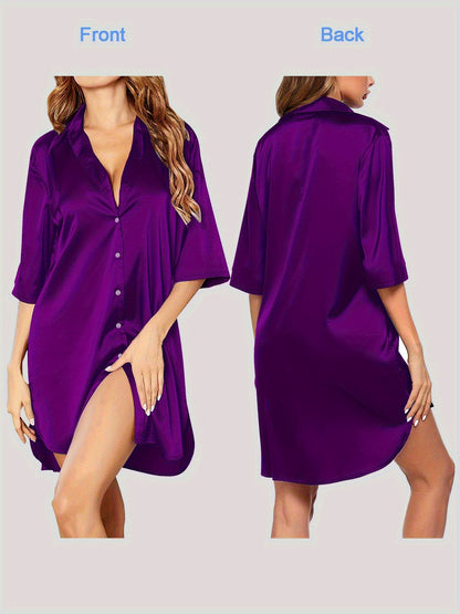 European And American Solid Color Sexy Shirt for Women Comfortable And Smooth Home Wear Long Pajamas