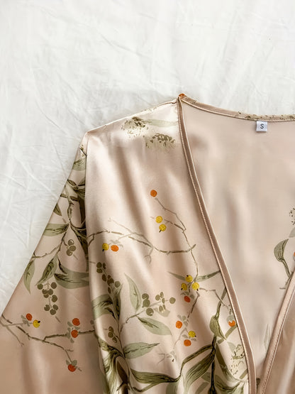 Women'S Printed Pajamas Set - Set (Including Robe, Short Suspender, Shorts And Skirt), Cherry Printed Pajamas, Loose, Soft And Comfortable