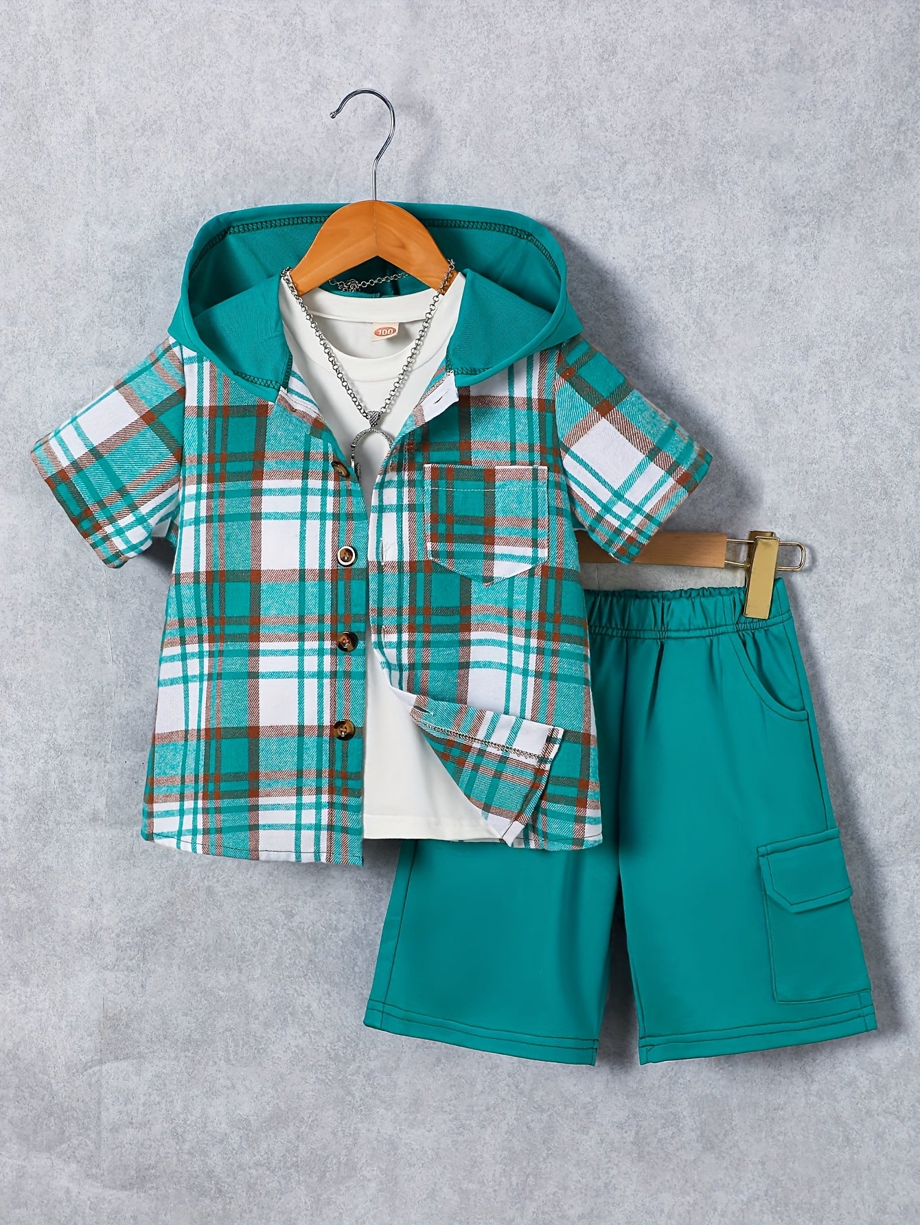 2pcs, Children's Short-sleeved Plaid Shirt Shorts Hooded Top Cardigan Fashion Casual Children's Shorts Set, Perfect for Outdoor