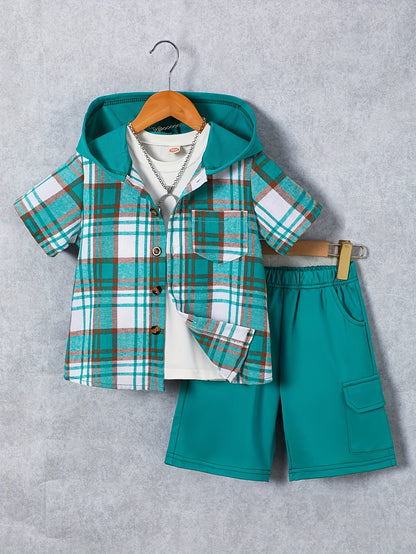 2pcs, Children's Short-sleeved Plaid Shirt Shorts Hooded Top Cardigan Fashion Casual Children's Shorts Set, Perfect for Outdoor