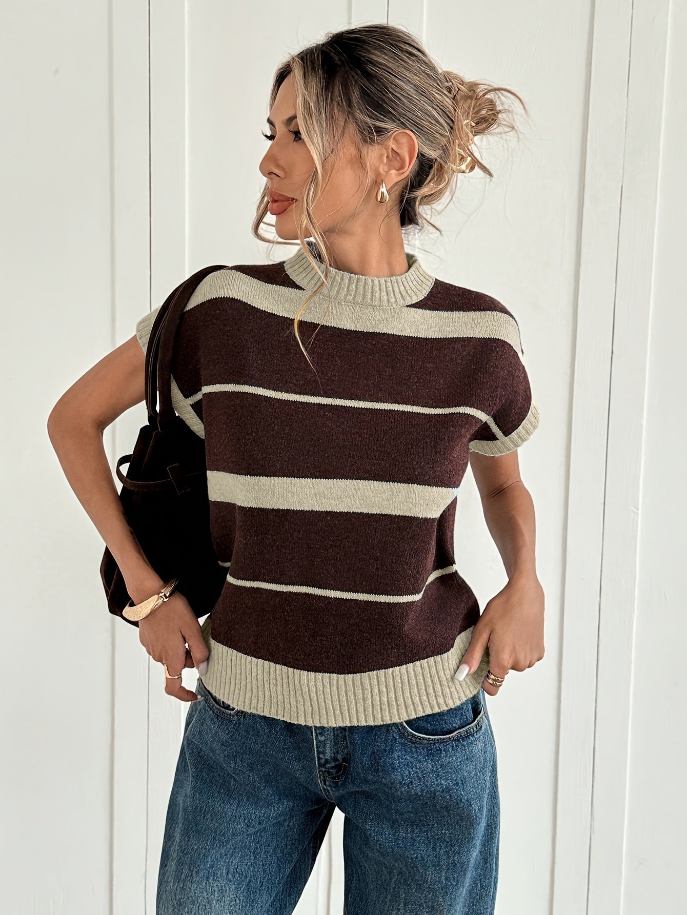 Women'S Striped Sweater - Fall/Winter Cozy, Short Sleeve, Trendy Chic, Breathable Knitwear, Ideal for Casual Fridays, Coffee Dates, Outdoor Gatherings