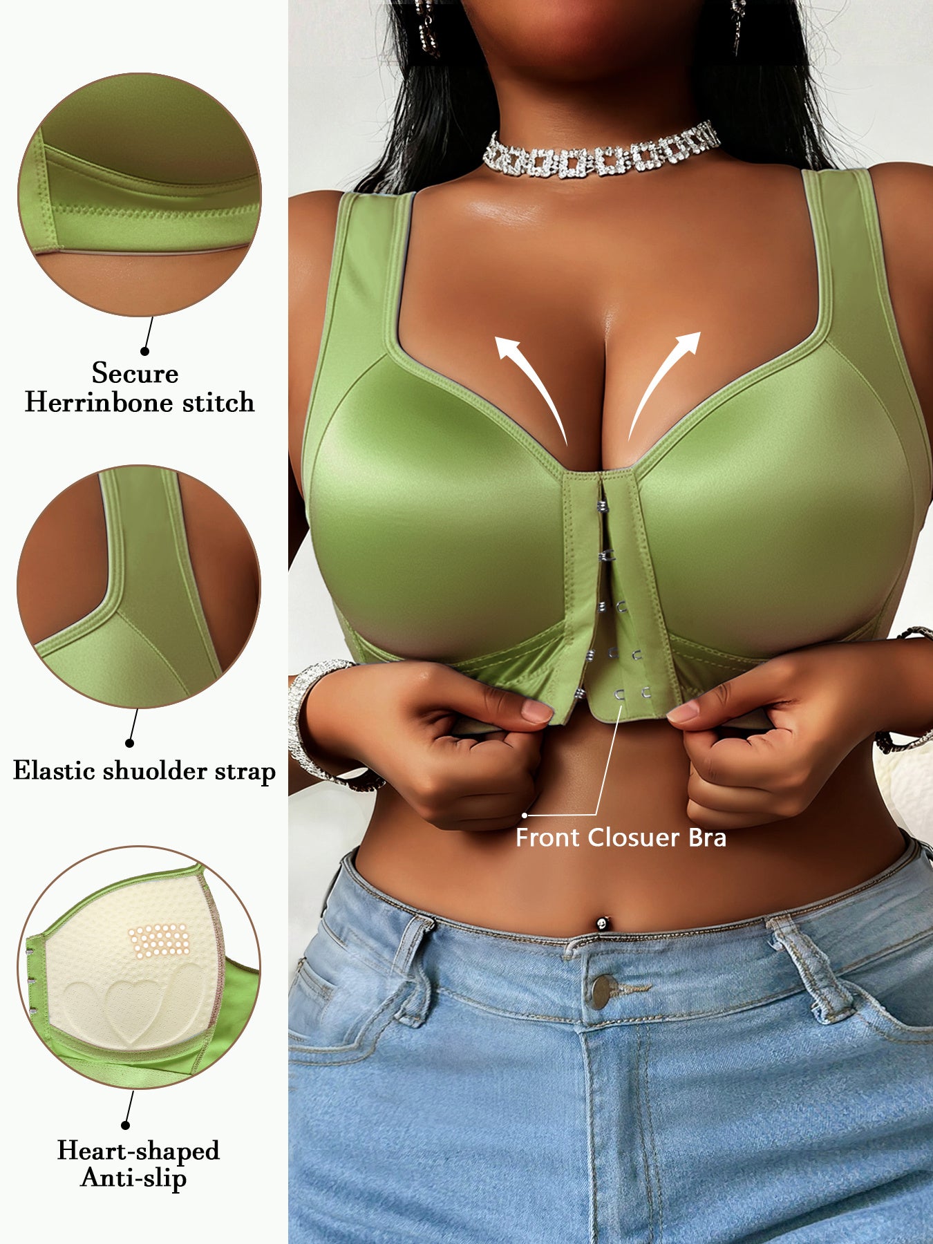 1pc Women'S Plus Size Bra Without Steel Rims, Satin Fabric, Smooth Fabric, Front Buckle Design With Strong Support, Suitable For Daily Wear And Formal Occasions - Full Cup Support, High Elasticity Material, High Support Enhancement