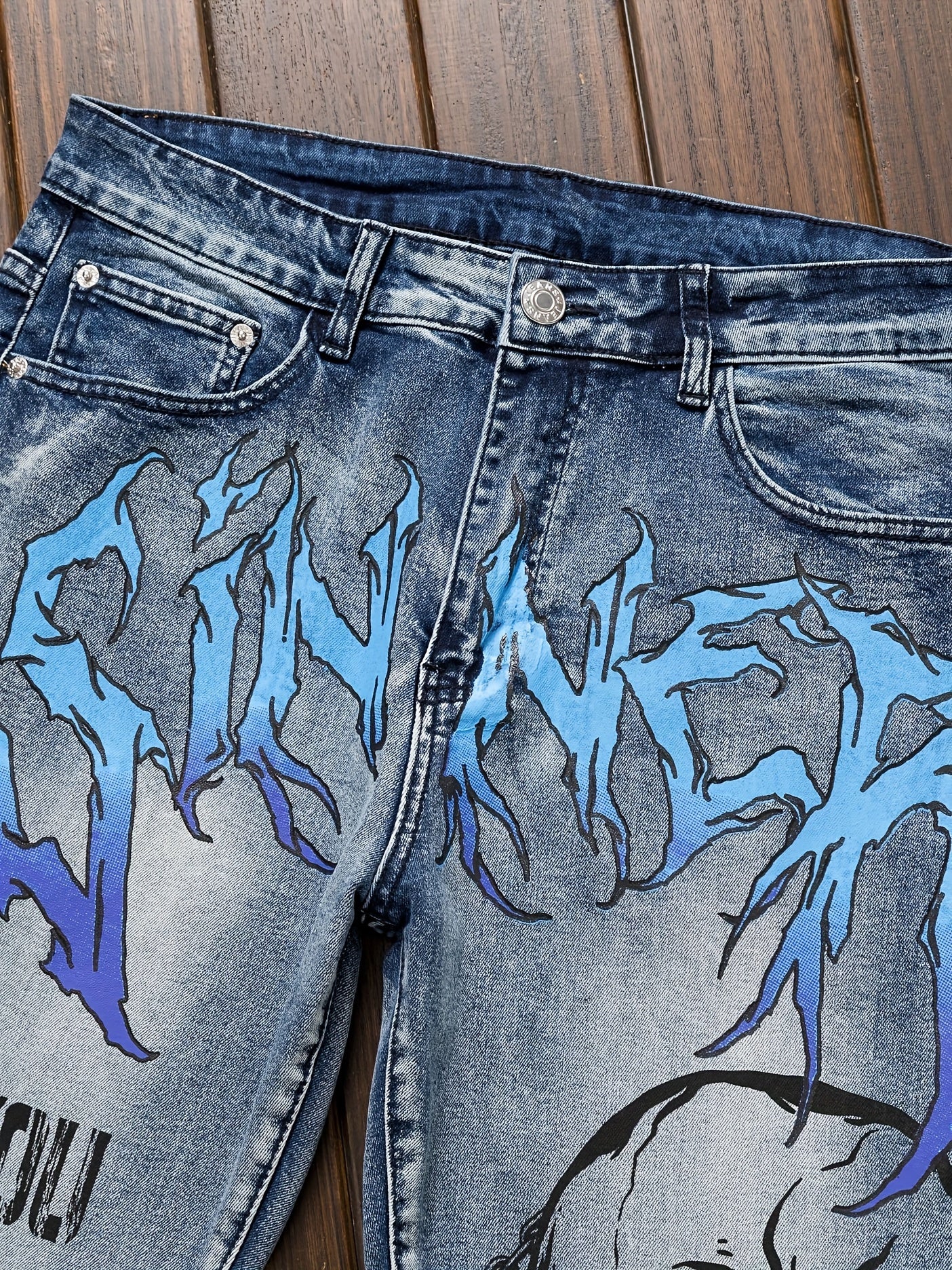 Cool Comfort, Men'S Slim-Fit Stretch Denim Jeans with Punk Skull Print - Versatile Casual Streetwear, Machine Washable