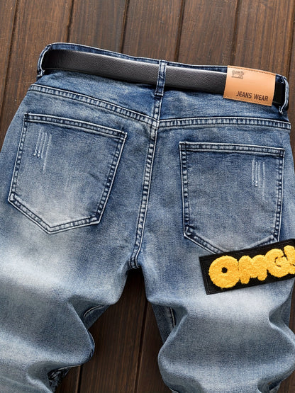 Cool Comfort, Men'S Slim-Fit Stretch Denim Jeans with Punk Skull Print - Versatile Casual Streetwear, Machine Washable