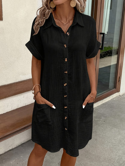 Women's 100% V-Neck Short Sleeve A-Line Dress - Button-Front Blouse Dress, Soft Breathable Casual to Semi-Formal Wear, Machine Washable All-Season Outfit (No) - Pure Shirt Dress