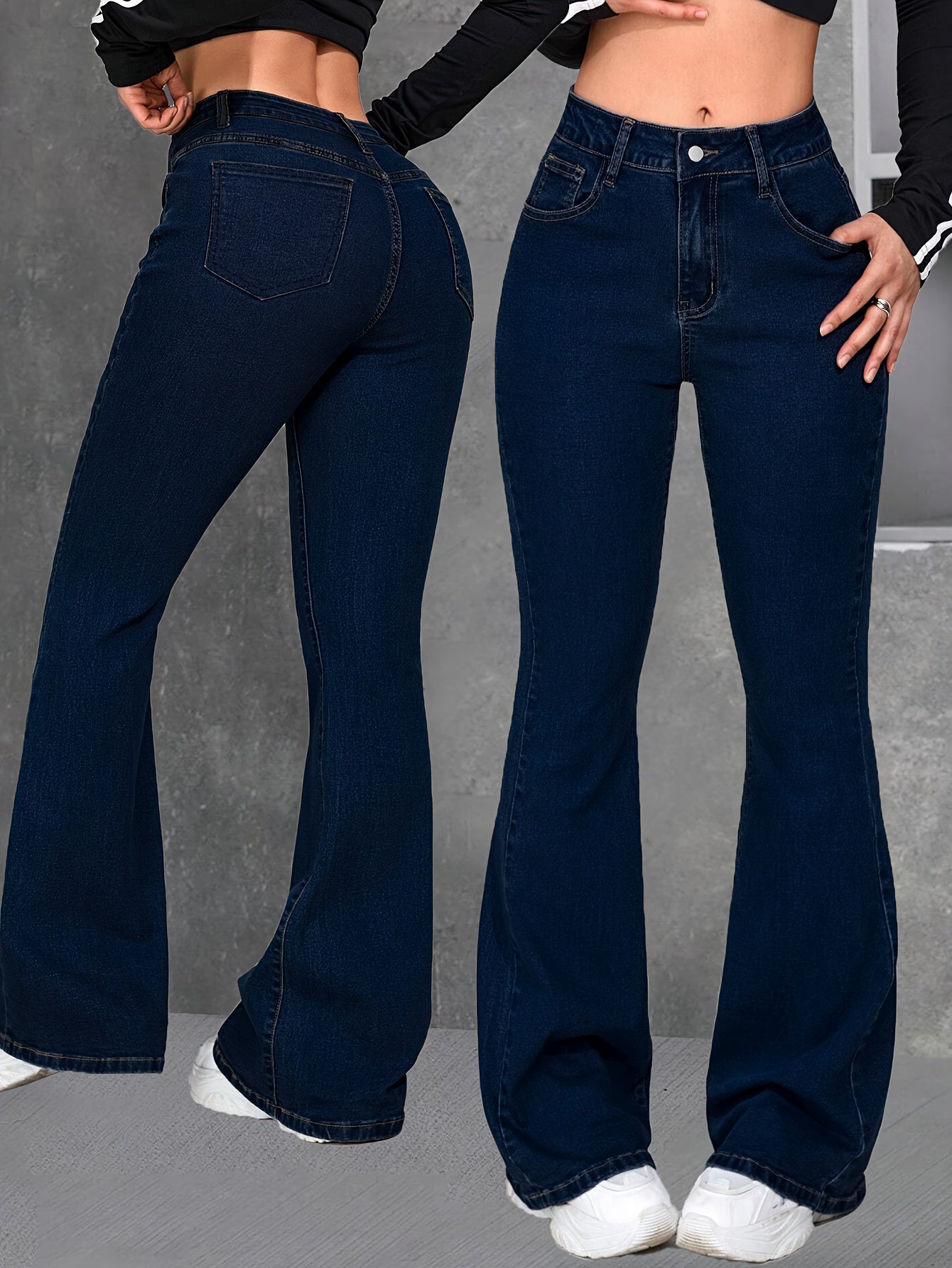 Women Blue Flared Jeans High Rise Stretch Denim Pants Soft Comfortable Fit Slim Silhouette Fashion Forward Trendy Modern Style Versatile Casual Attire Chic Look Durable Quality Easy Matching Figure Flattering Essential Casual Denim Bottoms