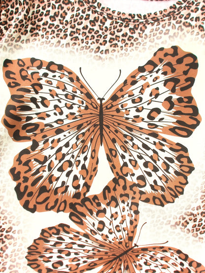 Girls' 2pcs Set Long Sleeve Top and Jeggings with Butterfly & Leopard Print, Crew Neck Pullover, Regular Fit Knit Polyester 95% with 5% Elastane, Long Length, for Spring/Fall Casual Wear, for Outdoor, Perfect for Outdoor