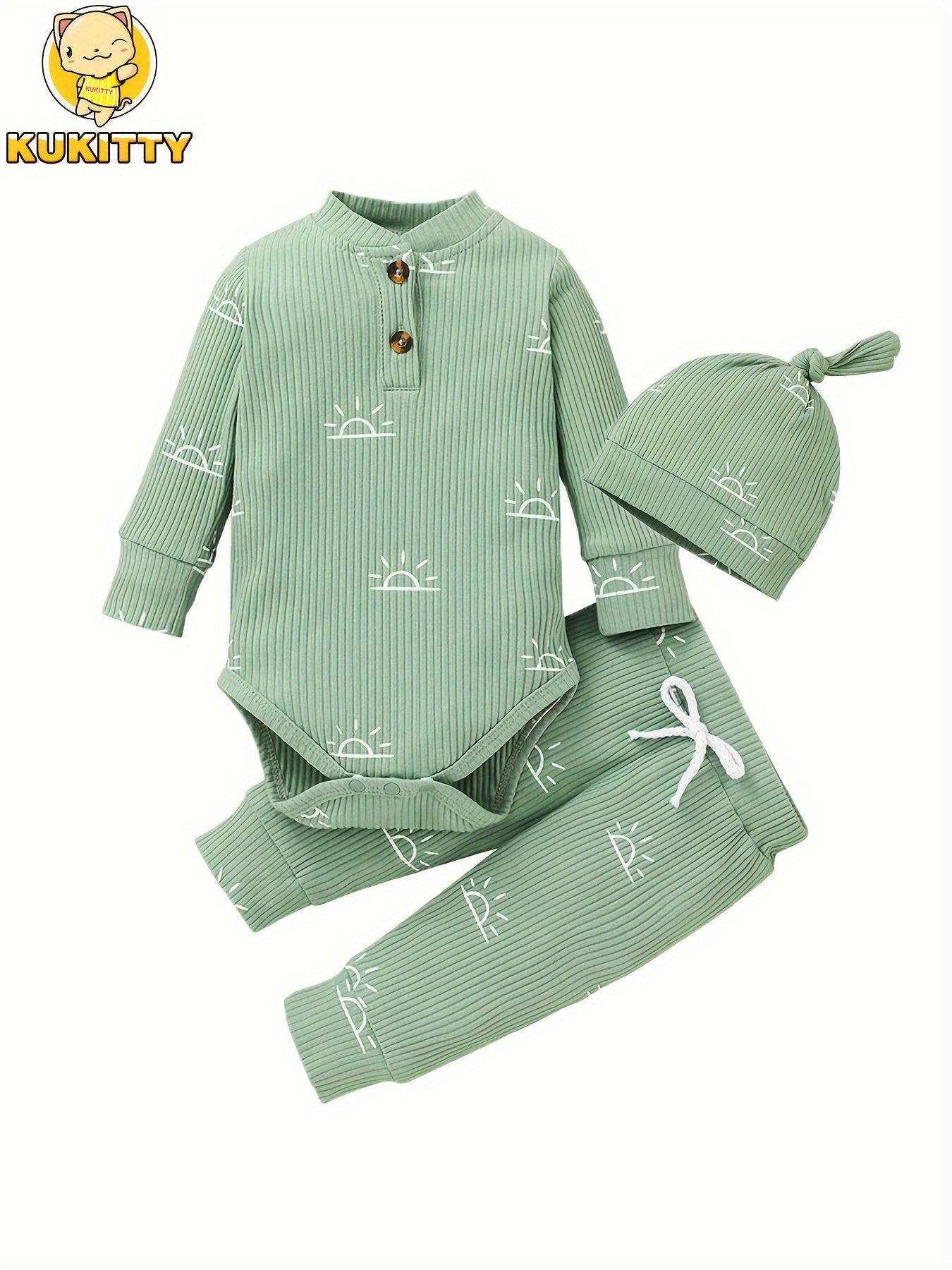 Kukitty Baby Boys Clothes Newborn Ribbed Long Sleeve Romper with Sun Pattern Pants Hat Outfits Set, for Outdoor