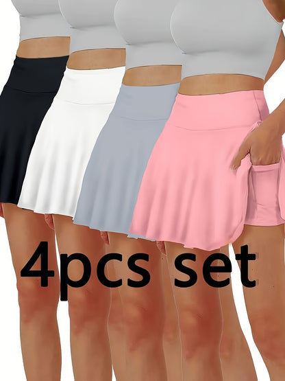 4 Pack Women's Sport Skirts with Pockets - Elegant Midi, Breathable Polyester-Spandex Blend, Non-See-Through, Perfect for Yoga, Running, Tennis | Available In Black, Light Grey, Pink, Khaki