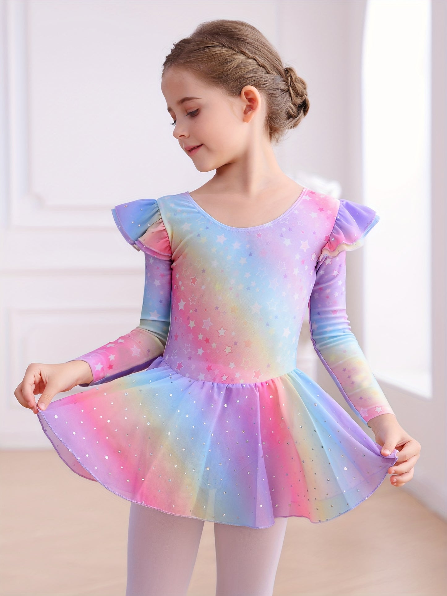 Easter Girl Clothes, Girls' Clothing, Girls' Dance Dress, Autumn And Winter Long-sleeve New Rainbow Star Pattern Tulle Dress, Sweet And Cute Sequin Chiffon Dress, Children's Ballet Dress, Leotard Tulle Dress