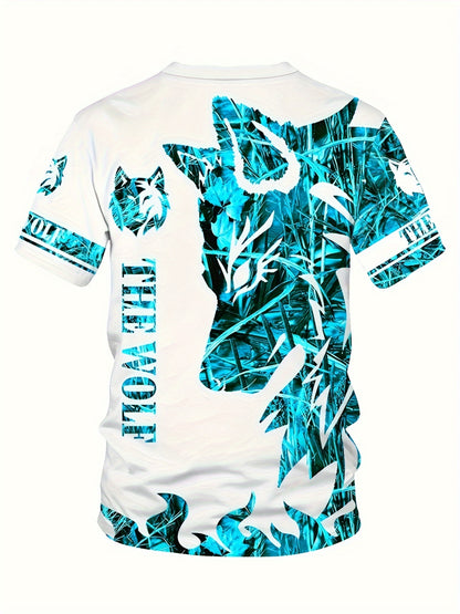 Summer Men's wolf pattern casual round neck short-sleeved T-shirt and shorts 2pcs set, suitable for outdoor activities