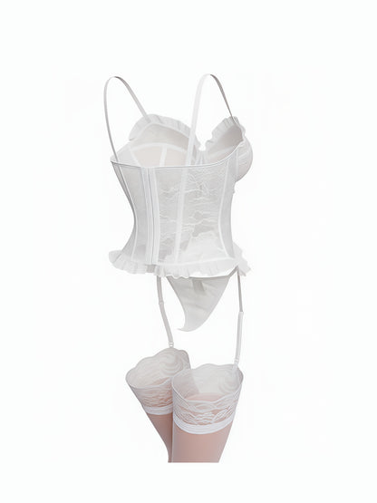 Women'S Sexy Lingerie Set with Garter Belt Lace Bodysuit Teddy Dolls Panty with Stockings, Women Teddy Lingerie Deep V Lace Lingerie Mini Babydoll Lingerie