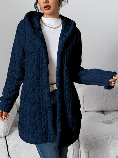 Hooded Fuzzy Coat Mid-Length Jacket with Buttons Soft Warm Winter Fall Outfits 5 Colors