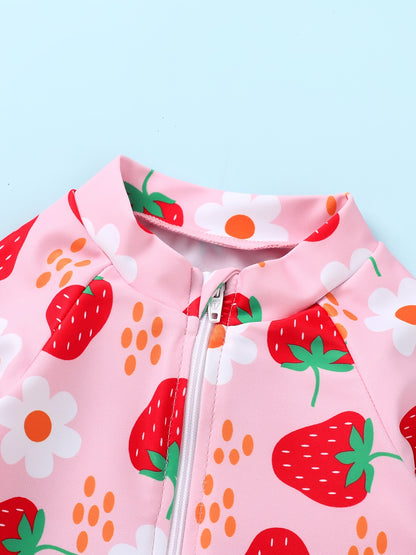 Baby Girl Swimsuit One-Piece Long Sleeved Sunscreen Suit with Hat Set Zipper Swimsuit Cute Strawberry Flower Mermaid Flamingo Beach Outfit