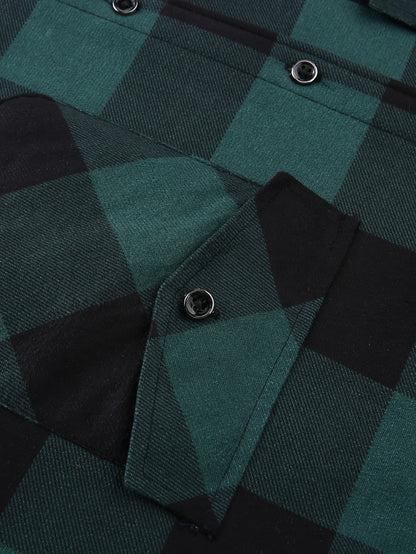 2025 New Men'S Checked Hooded Coat - Comfortable Fleece-Lined, Thick Casual Long Sleeve Top with Pockets, Black And Green Check Design, Ideal for Autumn/Winter, Suitable for Casual Or Professional Attire