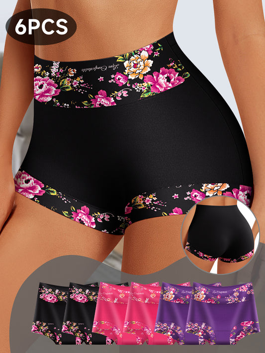 6pcs Women's High Waisted Underwear - Elegant Boyshort Briefs with Floral Print Waistband, No Curling Edges & Meat Restriction-Free Design, Breathable Soft Skin-Friendly Suitable for Daily Wear, Gym, Special Occasions (Romantic Ceremony Style)