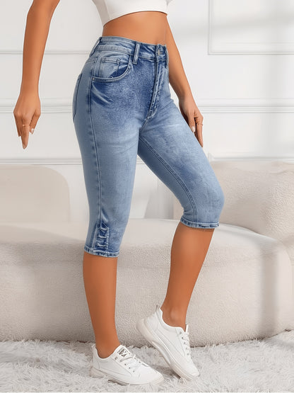 High Waist Light Blue Denim Capri Pants, Stretchy Slim Fit Casual Trousers For Women, Summer Versatile Bottoms