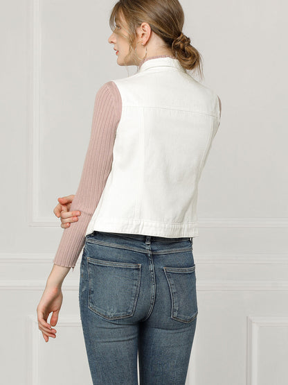 Women's Buttoned Washed Denim Vest Jacket W Chest Flap Pockets
