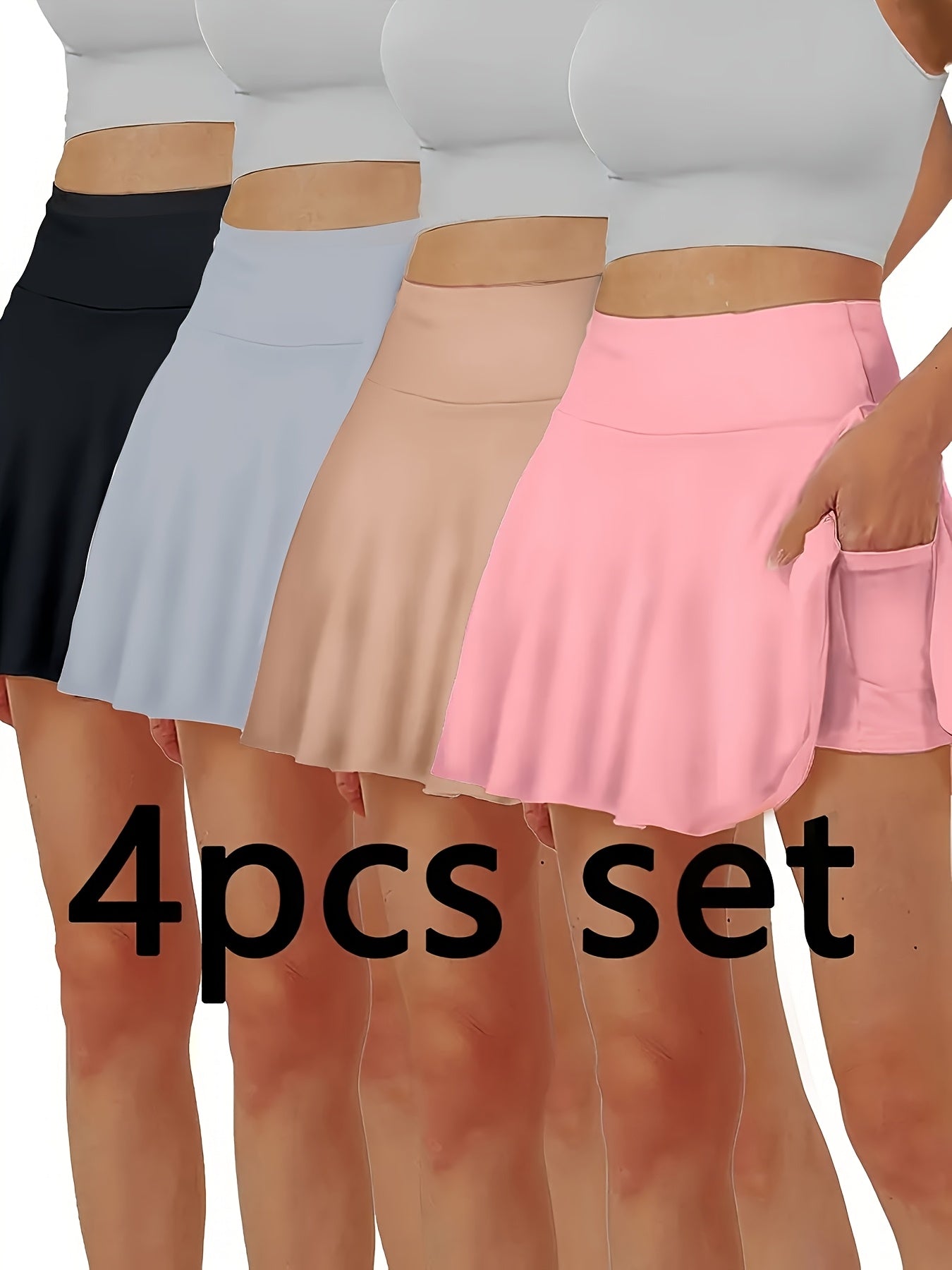 4 Pack Women's Sport Skirts with Pockets - Elegant Midi, Breathable Polyester-Spandex Blend, Non-See-Through, Perfect for Yoga, Running, Tennis | Available In Black, Light Grey, Pink, Khaki