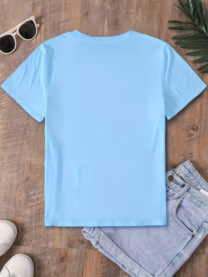 Plus Size Women's Light Blue Smiling Daisy & Smile Letter Print T-Shirt - Soft Breathable Short Sleeve Round Neck Top, Casual Spring Summer Blouse with White Daisies & joyful Face Design, Machine Washable Casual Attire for Parties & Picnic