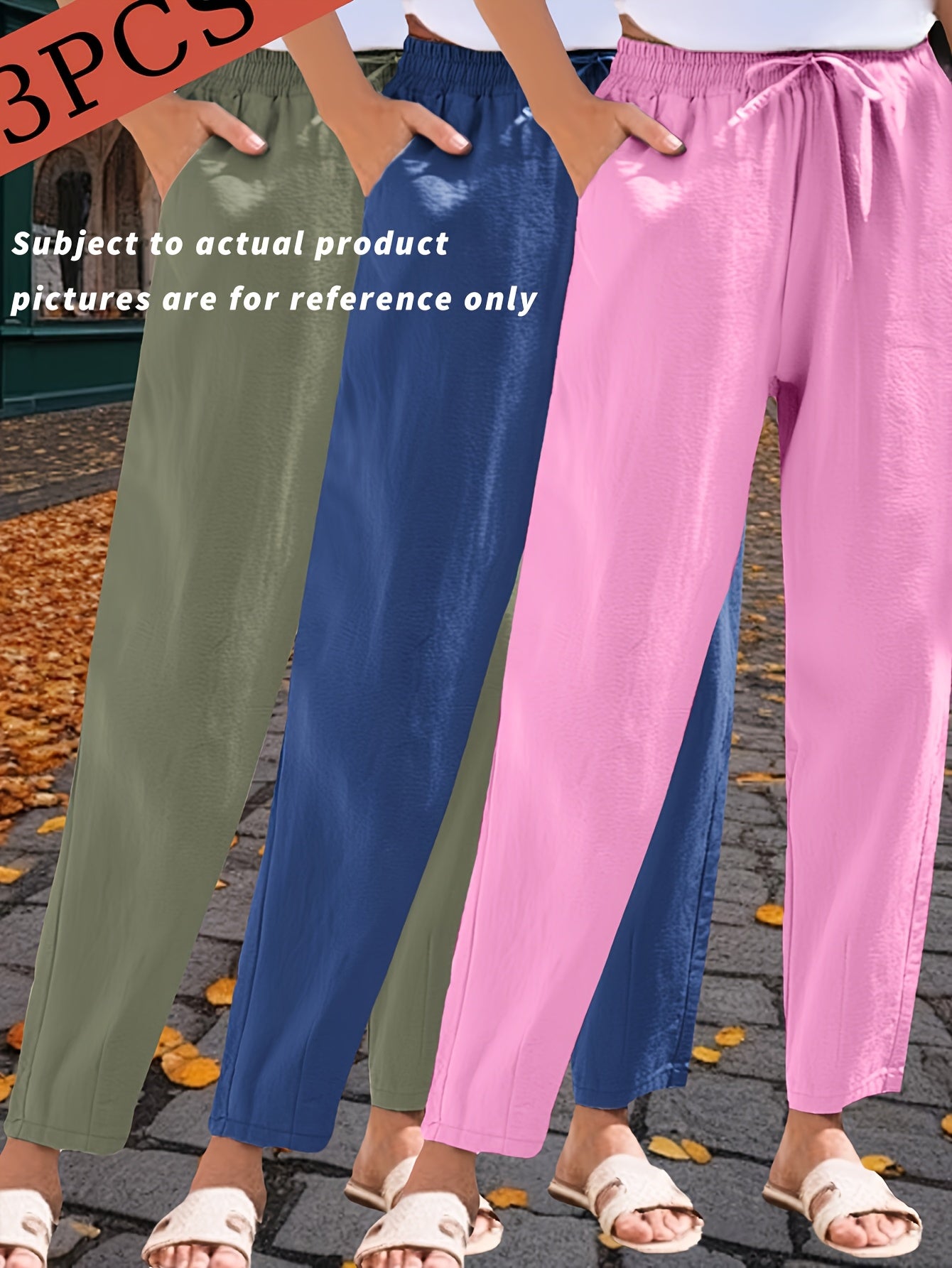 3-Pack Women'S 9/10 Length Casual Trousers, Loose Fit, Solid Color Drawstring Elastic Waist, Comfortable And Versatile for Office, Weekend Strolls, Gatherings, And Beach Vacations
