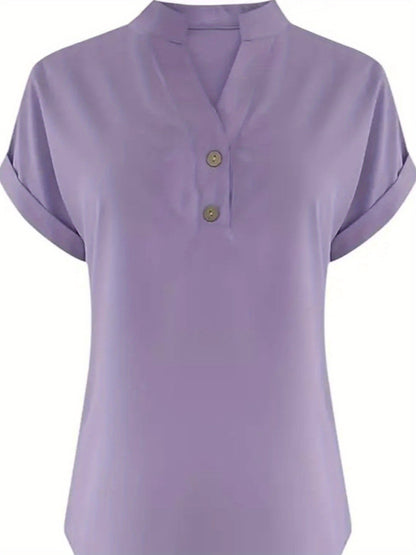 ZOELNIC Women's V-Neck Button-Front Placket T-Shirts - Short Sleeve Casual Summer Tops, Breathable Daily Wear Shirts Suitable for Spring/Summer, Solid Color Casual Wear, Machine Washable (No)