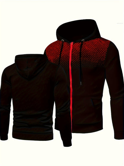 Men's Polka Dot Printed Hooded Jacket, Hooded Jacket with Zippers and Pockets, Men's Winter and Autumn Casual and Sporty Fashion