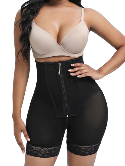 Women'S Double-Layer Compression Waist Trainer with Zipper - High Support, Shape-Fitting Workout Belt And Shorts, Black with Lace Detail, 1pc, Shape Fitting Belt|Zippered Waistband|Compression Support, Waist Trainer