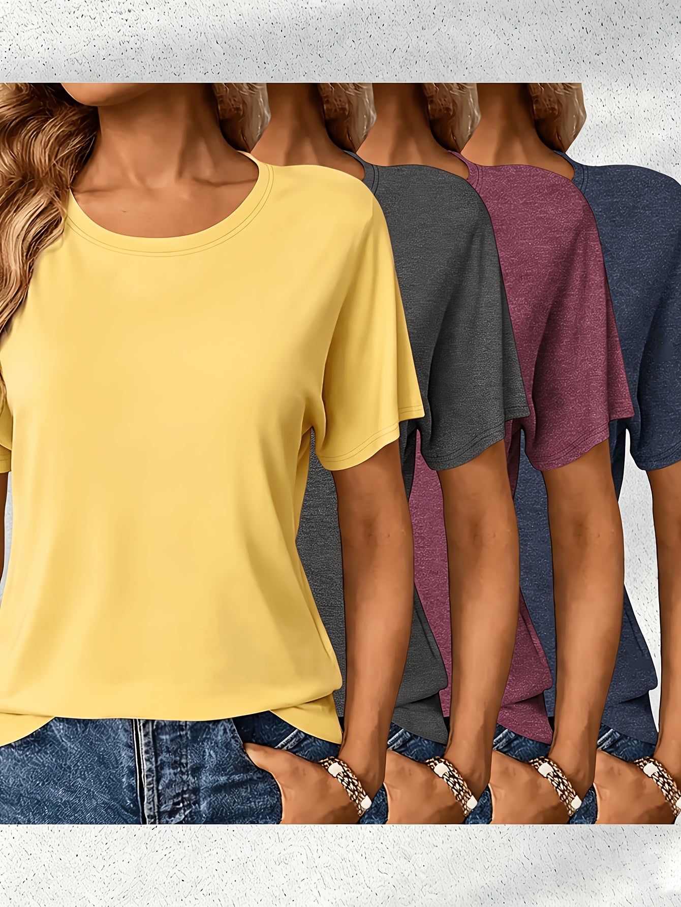 4pcs Women's Casual Rayon Short Sleeve T-Shirts- Pink, Olive Green, Dark Gray, and Brown Solid Color Crew Neck Tops, Machine Washable Four Seasons Comfortable Version, Women's T-Shirts