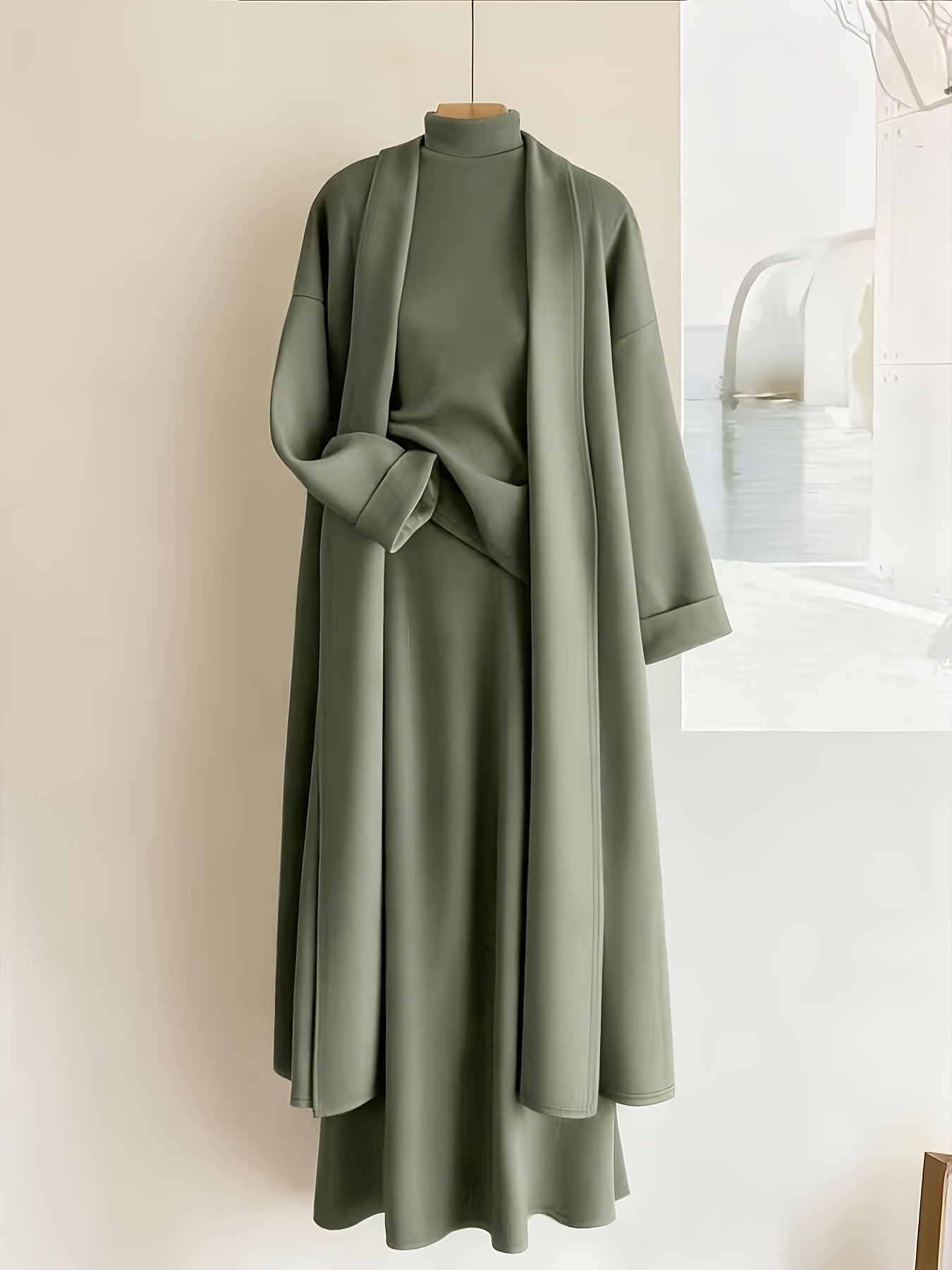 Morandi Green Three-Piece Set for Women: High-Collar, Sleeveless Top And Loose A-Line Midi Skirt And Long Cardigan. Casual Style Suitable for All Seasons